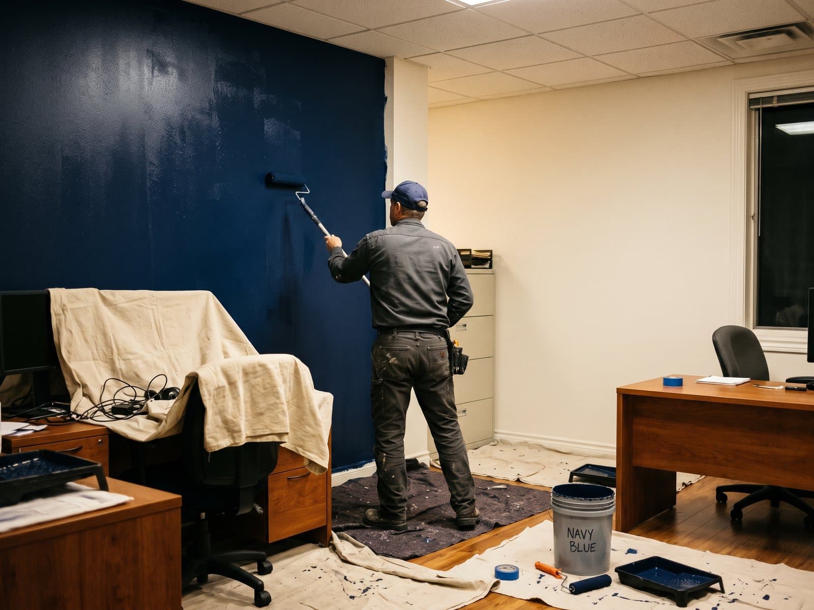 Small office reception area with freshly painted white walls and a navy feature wall, concept imagery