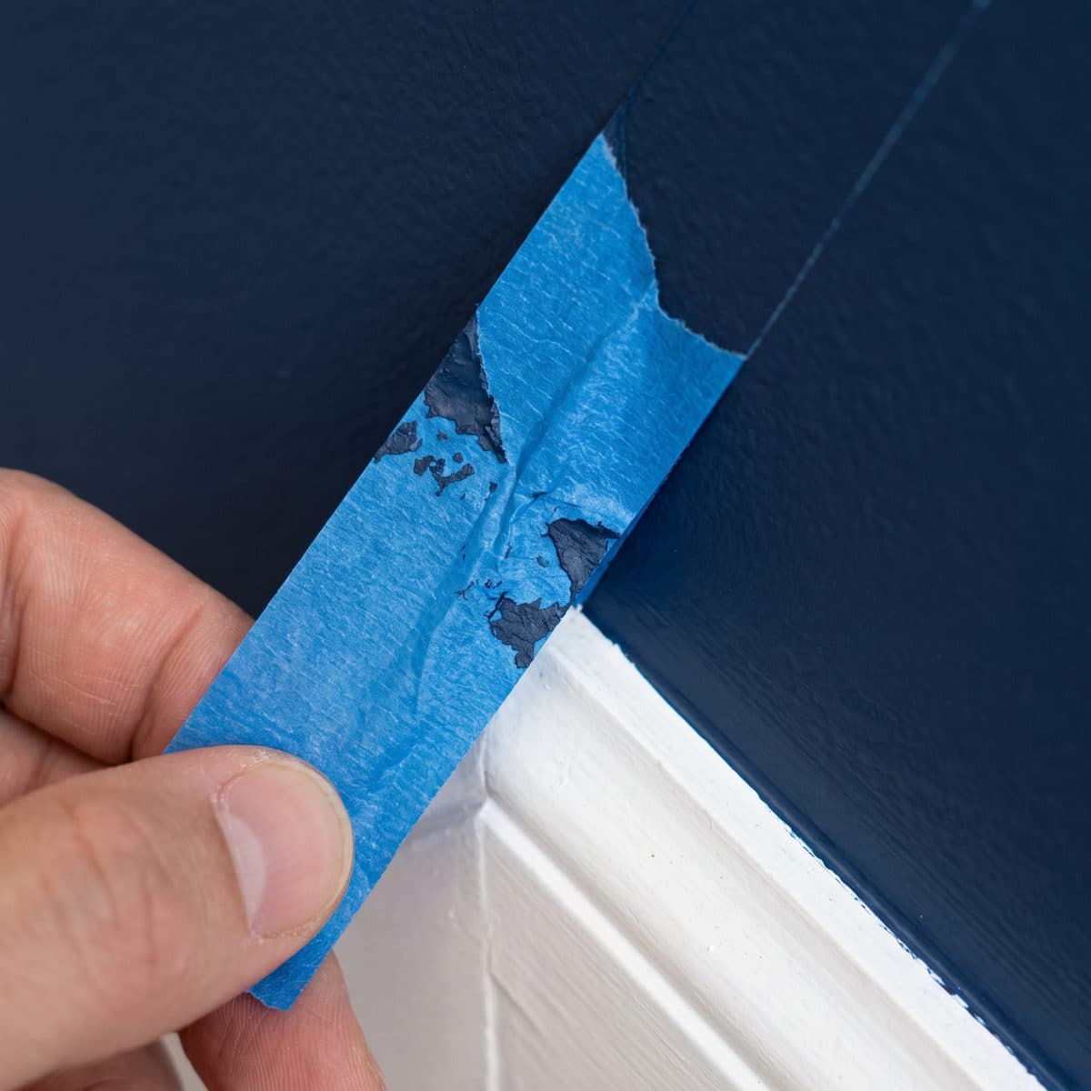 Painter's tape peeled back to show a sharp edge between a navy wall and white trim, concept imagery
