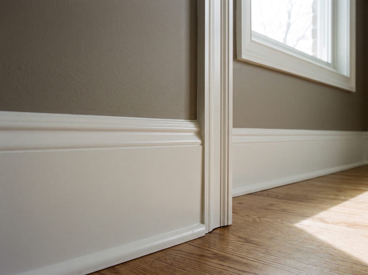 White painted baseboard and door casing meeting a grey wall with a clean edge, concept imagery