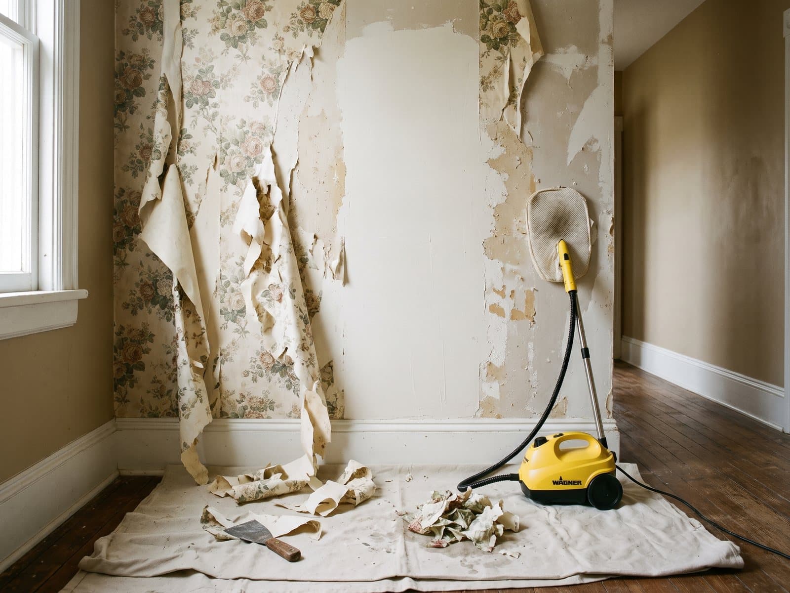 Painter peeling a strip of old wallpaper from a hallway wall before repair, concept imagery